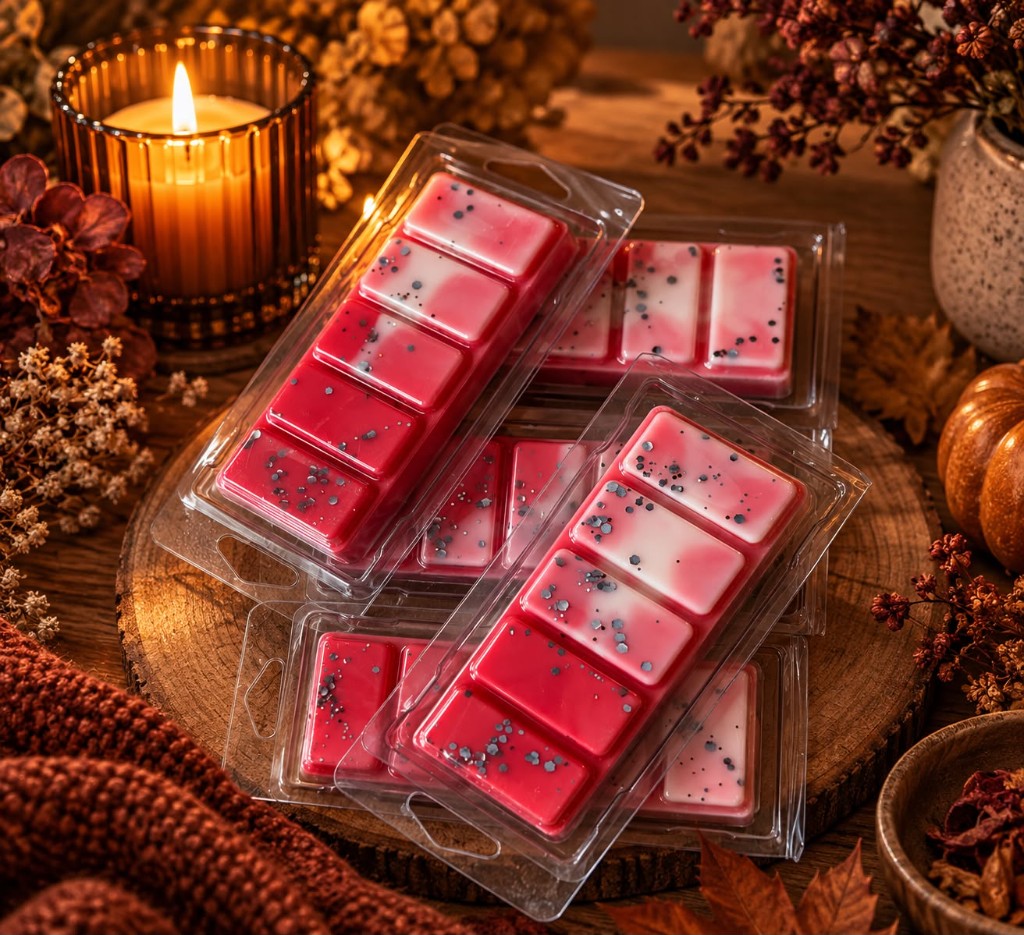 Roze-witte Dragonblood wax melts met glitter, gestapeld op een houten schijf naast een brandende kaars